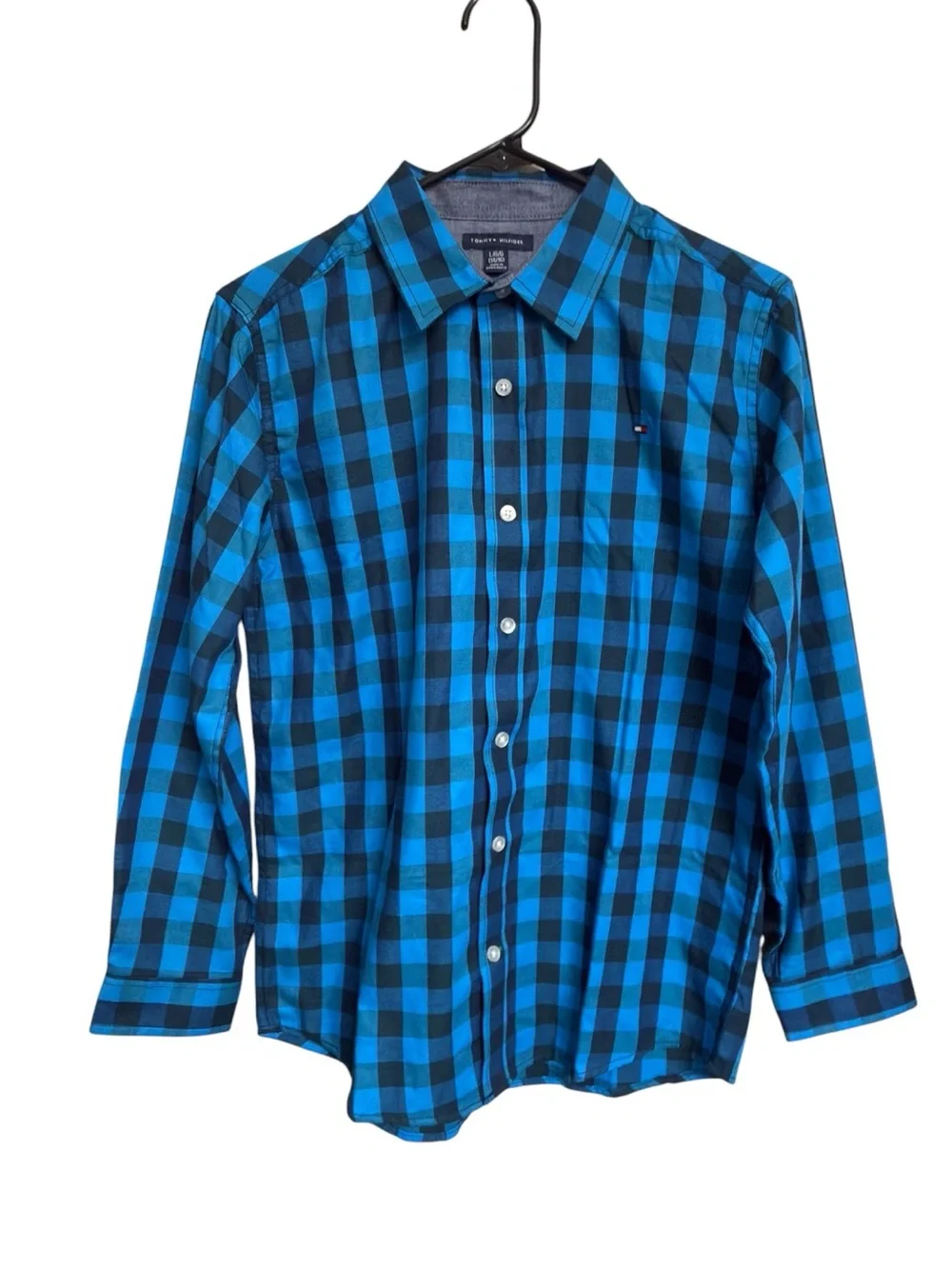 Tommy Hilfiger Boy’s Medieval Blue Twill Check Long Sleeve Button Up Shirt EUC